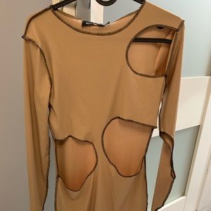 PrettyLittleThing NUDE RIBBED CONTRAST STITCH CUT OUT LONG SLEEVE BODYCON DRESS